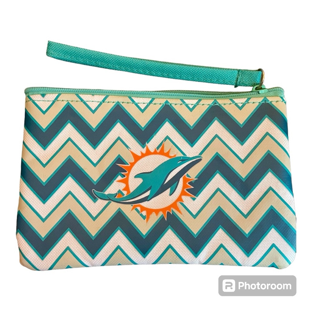 Miami Dolphins wristlet orange&teal zipper pouch w/ID window NFL license sticker